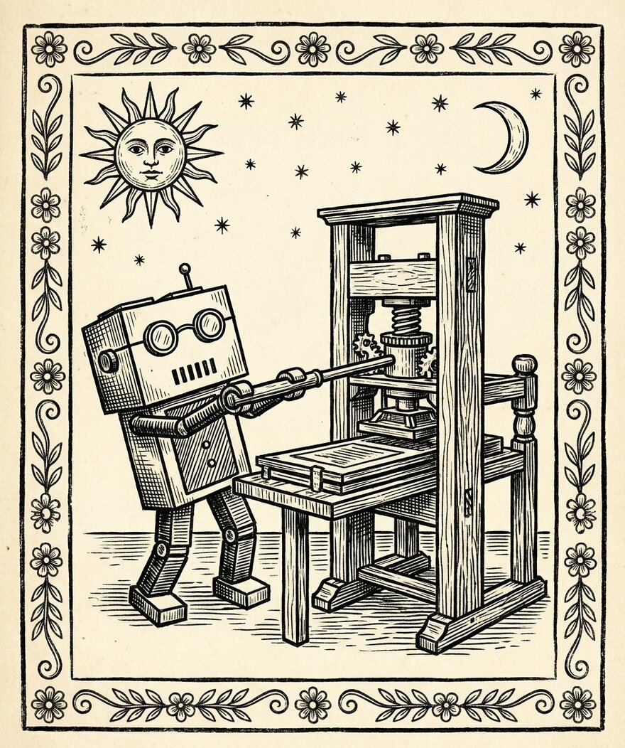 A woodcut engraving of a small boxy robot pulling the bar of a wooden hand printing press, under a sun and crescent moon
