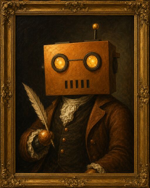A copper toaster-headed robot with round golden spectacles in warm light
